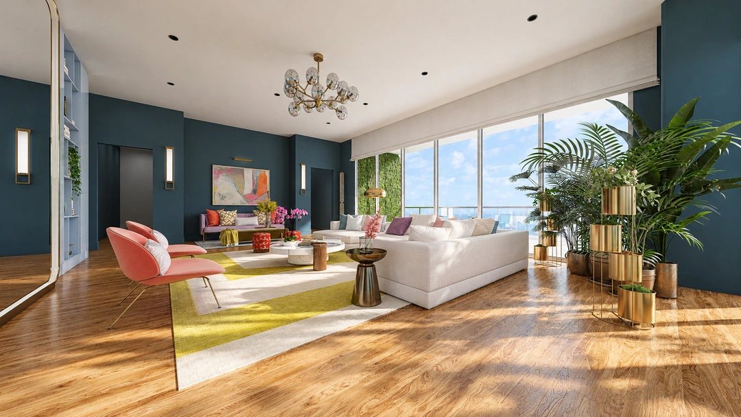 Angled sectional seating beside broad ocean-facing windows — Miami, FL — Real Estate, Studio Dalika; project view 13