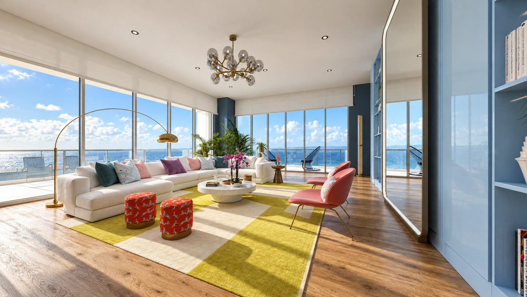 Wide daylight living room with ocean views and blue accents — Miami, FL — Real Estate, Studio Dalika; project view 14