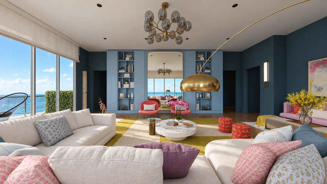 White sectional and brass floor lamp beside blue cabinetry — Miami, FL — Real Estate, Studio Dalika; project view 15