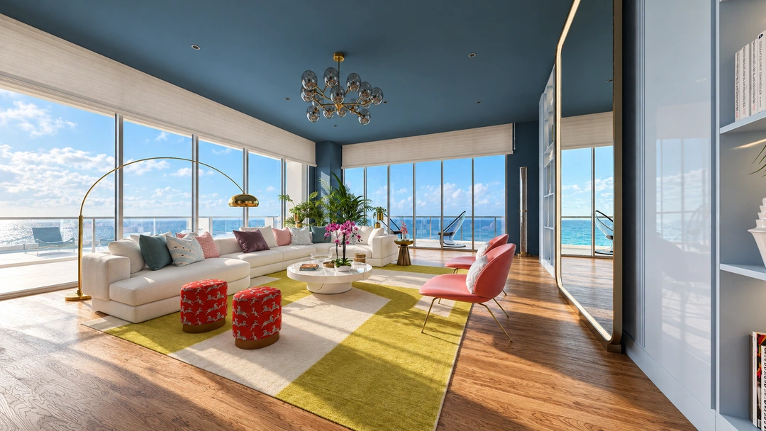 Living room with a blue ceiling and ocean-facing glazing — Miami, FL — Real Estate, Studio Dalika; project view 16