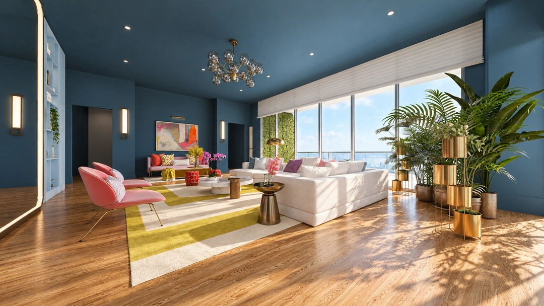 Daylight sectional seating beneath a blue ceiling — Miami, FL — Real Estate, Studio Dalika; project view 17