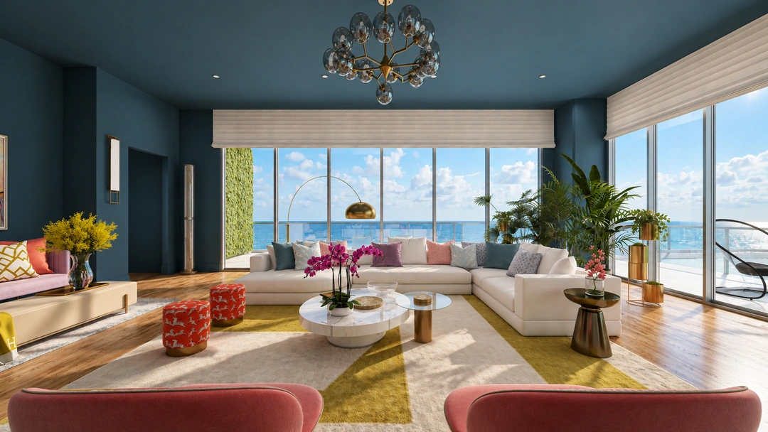 Frontal ocean-facing living room with blue walls and yellow rug — Miami, FL — Real Estate, Studio Dalika; project view 18