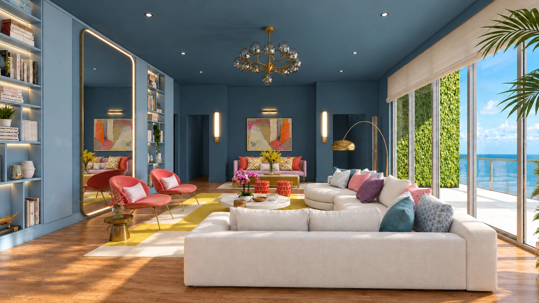 Angled lounge seating beneath blue walls and ceiling — Miami, FL — Real Estate, Studio Dalika; project view 19
