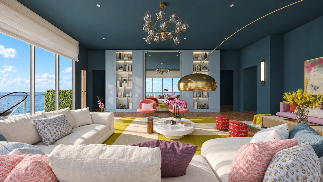 White sectional beside blue shelving and brass lighting — Miami, FL — Real Estate, Studio Dalika; project view 20