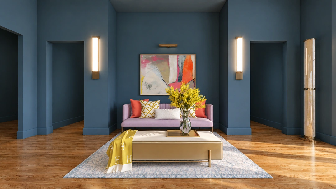 Pink accent sofa beneath colorful artwork on a blue wall — Miami, FL — Real Estate, Studio Dalika; project view 21