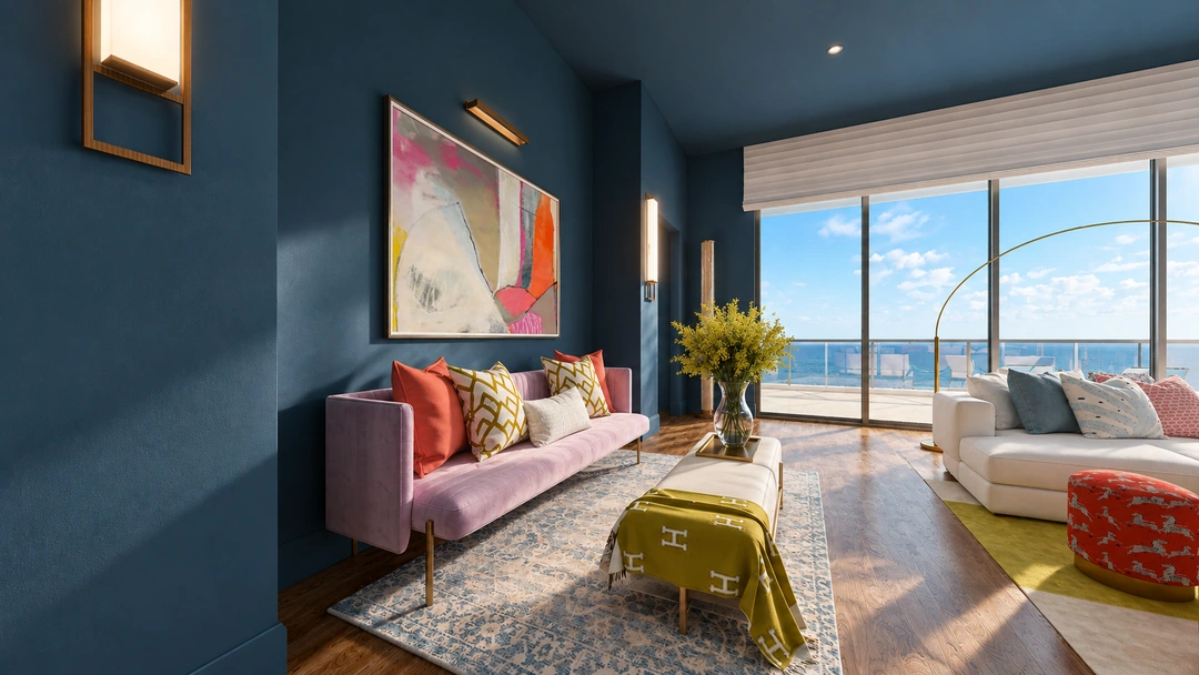 Daylight pink sofa and brass table beside the living room — Miami, FL — Real Estate, Studio Dalika; project view 22