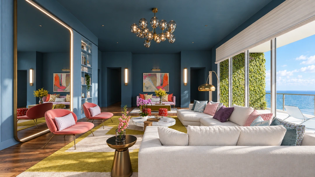 Wide sectional seating against blue walls in daylight — Miami, FL — Real Estate, Studio Dalika; project view 23
