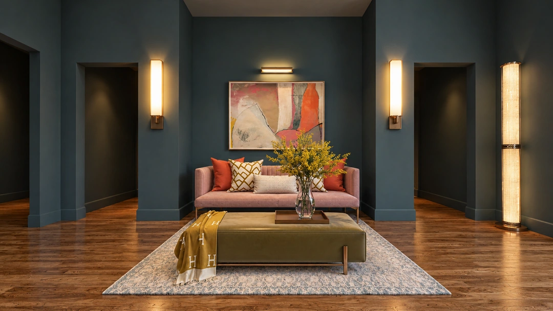 Pink sofa and yellow throw beneath geometric artwork — Miami, FL — Real Estate, Studio Dalika; project view 24