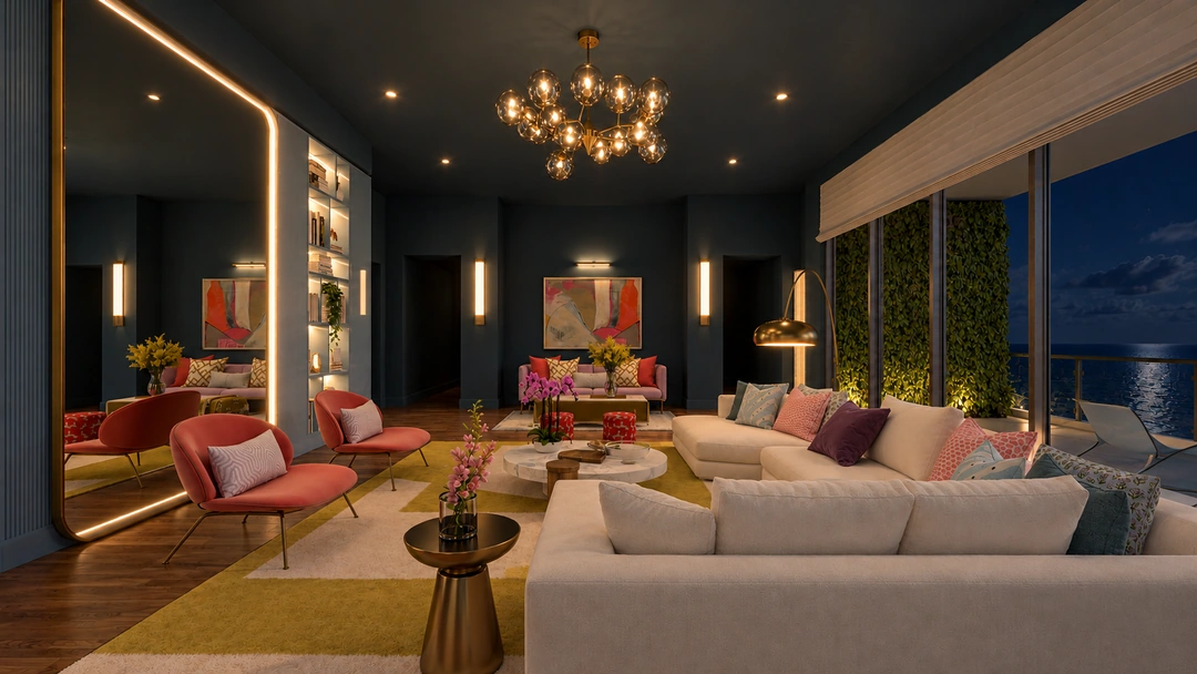 Blue living room with sectional seating illuminated at night — Miami, FL — Real Estate, Studio Dalika; project view 25