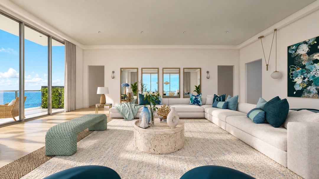 White sectional and textured coffee table beside ocean glazing — Miami, FL — Real Estate, Studio Dalika; project view 3