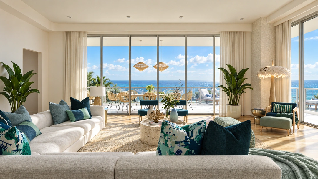 Living room facing balcony dining and the ocean — Miami, FL — Real Estate, Studio Dalika; project view 4