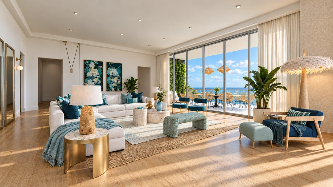 Daylight lounge seating with teal chairs and coastal artwork — Miami, FL — Real Estate, Studio Dalika; project view 6