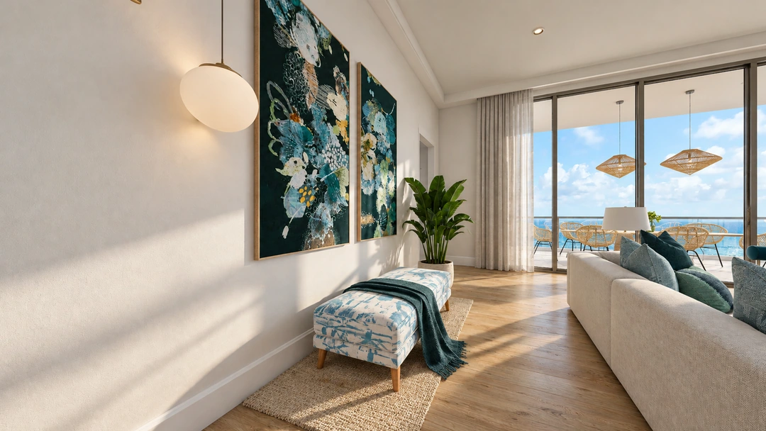 Upholstered bench beneath coastal artwork beside the living room — Miami, FL — Real Estate, Studio Dalika; project view 7