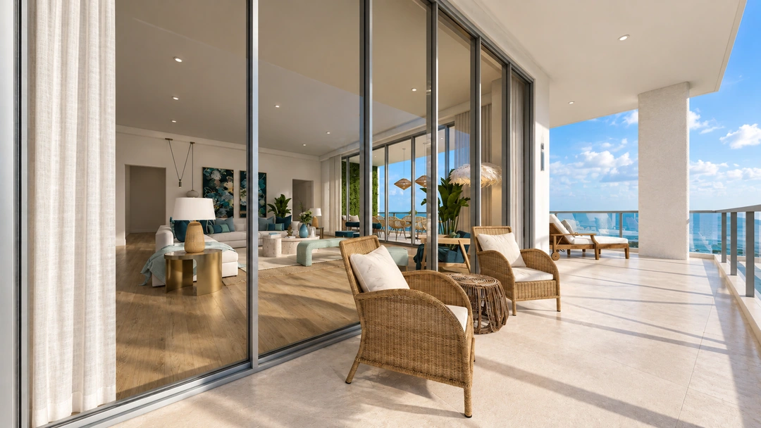 Balcony lounge chairs beside sliding glass doors — Miami, FL — Real Estate, Studio Dalika; project view 8