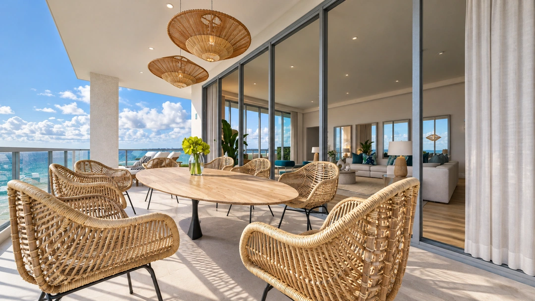 Balcony dining table with woven chairs and ocean views — Miami, FL — Real Estate, Studio Dalika; project view 9