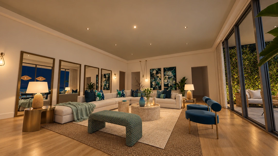 Coastal living room and ocean-facing windows at night — Miami, FL — Real Estate, Studio Dalika; project view 10