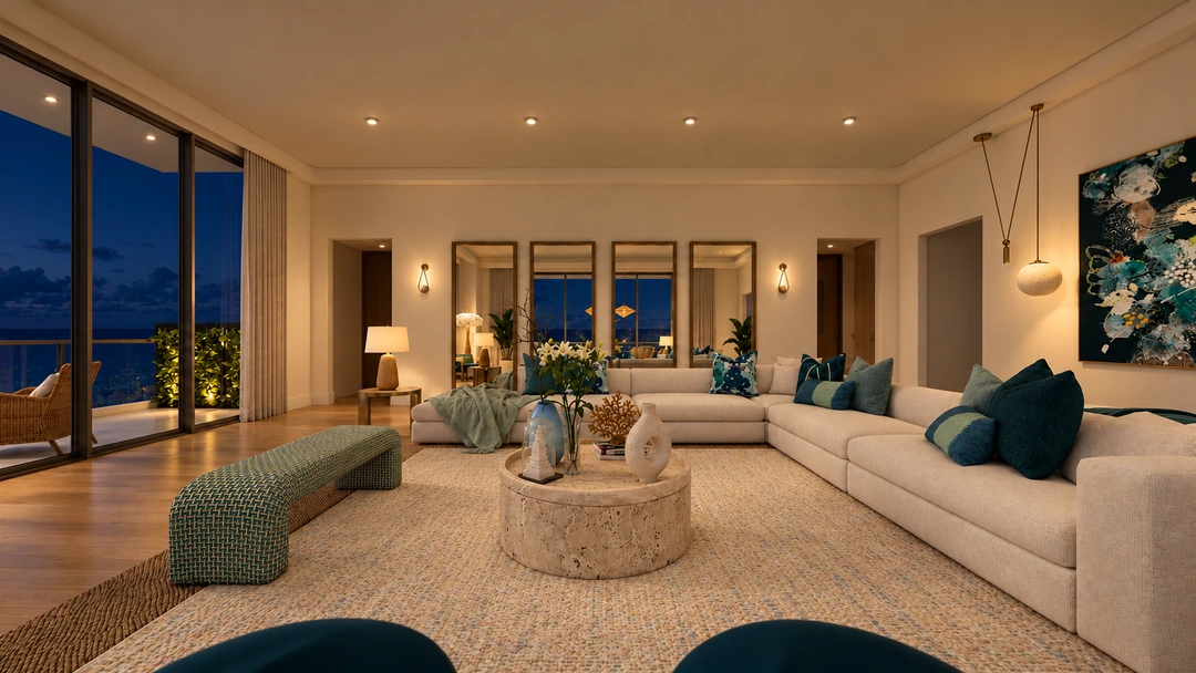 White sectional and textured table beneath evening lighting — Miami, FL — Real Estate, Studio Dalika; project view 11