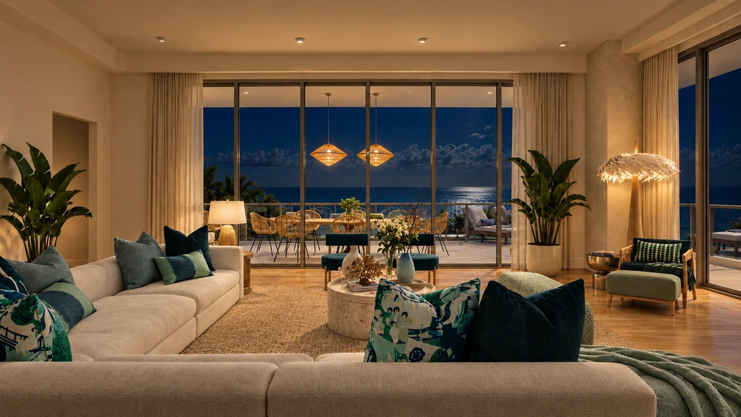 Living room facing the illuminated balcony dining area at night — Miami, FL — Real Estate, Studio Dalika; project view 12