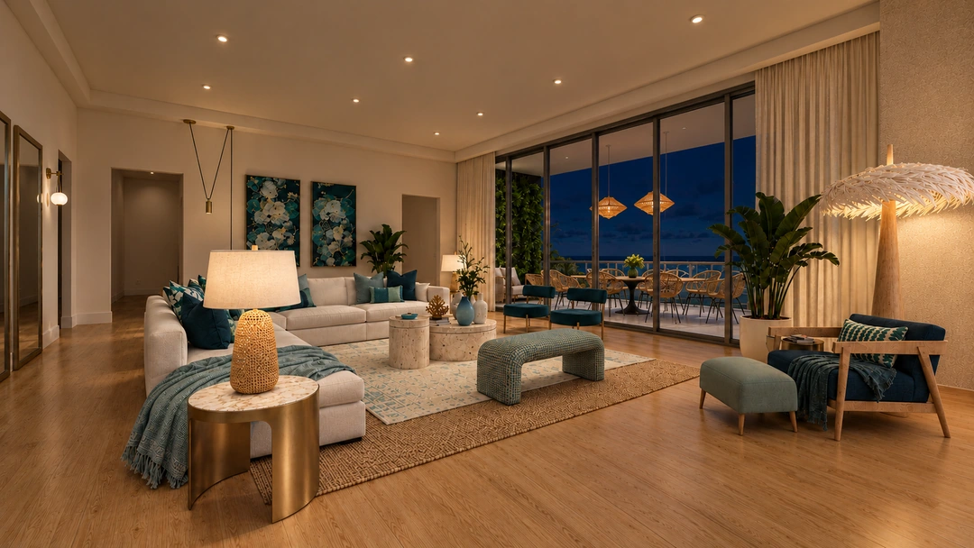 Night lounge view with teal chairs and coastal artwork — Miami, FL — Real Estate, Studio Dalika; project view 13
