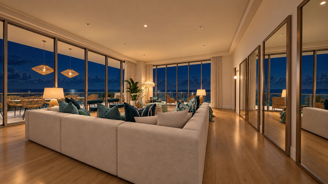 Rear view of the sectional and ocean-facing balcony at night — Miami, FL — Real Estate, Studio Dalika; project view 14