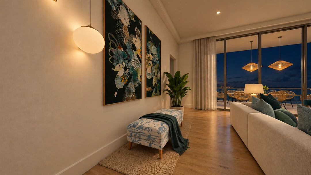 Bench and coastal artwork beside the living room at night — Miami, FL — Real Estate, Studio Dalika; project view 15