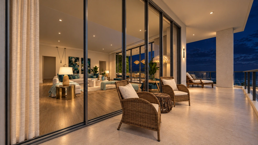 Balcony lounge chairs beside illuminated sliding doors — Miami, FL — Real Estate, Studio Dalika; project view 16