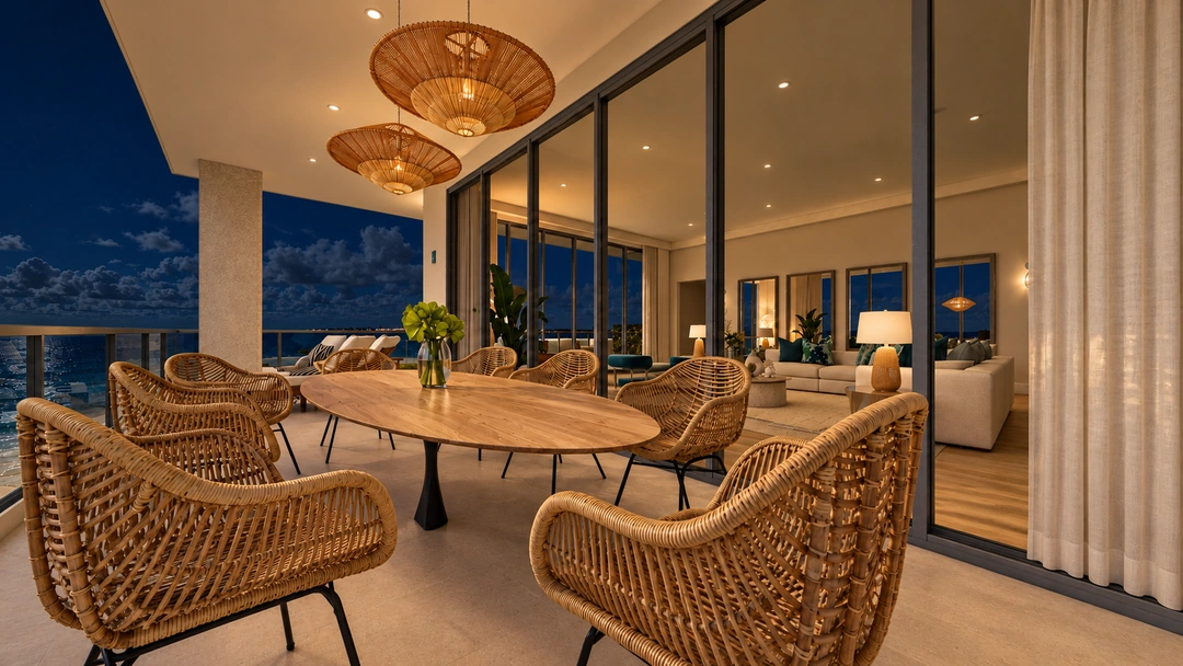 Balcony dining table beneath woven lights at night — Miami, FL — Real Estate, Studio Dalika; project view 17