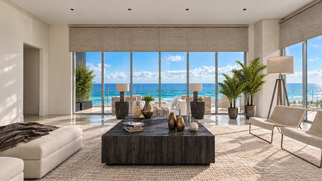 Dark coffee table facing balcony seating and the ocean — Miami, FL — Real Estate, Studio Dalika; project view 5