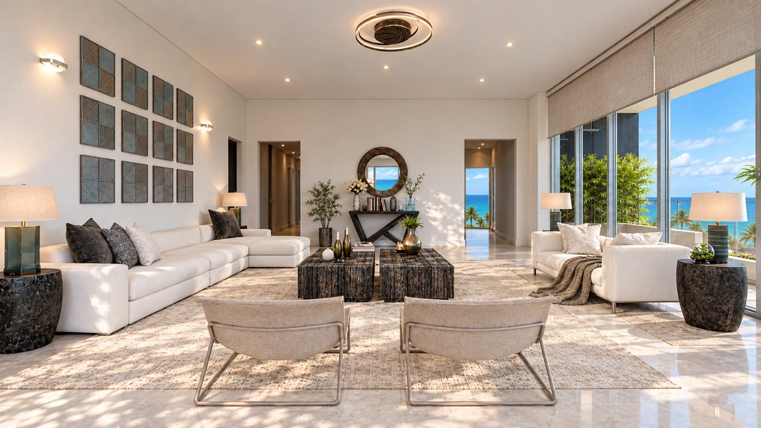 Daylight living room with pale chairs and a circular mirror — Miami, FL — Real Estate, Studio Dalika; project view 6