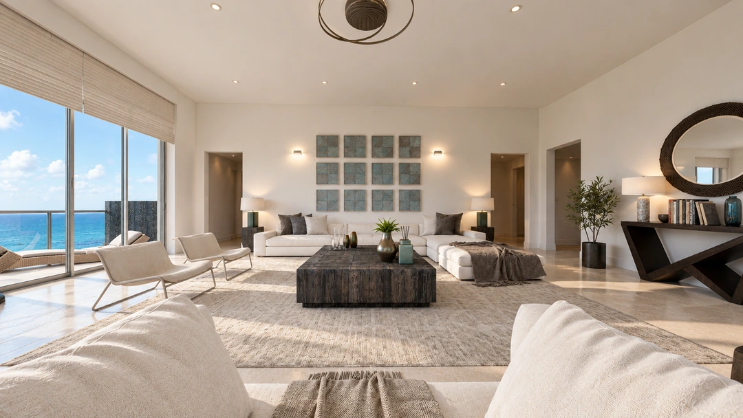 Wide seating area opening toward ocean-facing glazing — Miami, FL — Real Estate, Studio Dalika; project view 7