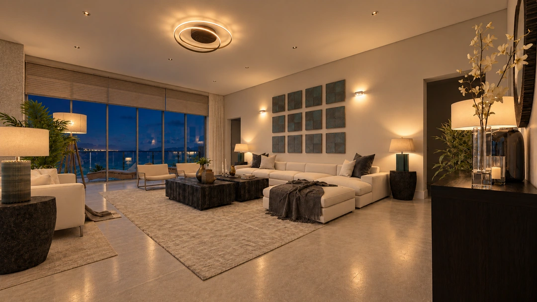 Ocean-facing living room illuminated at night — Miami, FL — Real Estate, Studio Dalika; project view 8