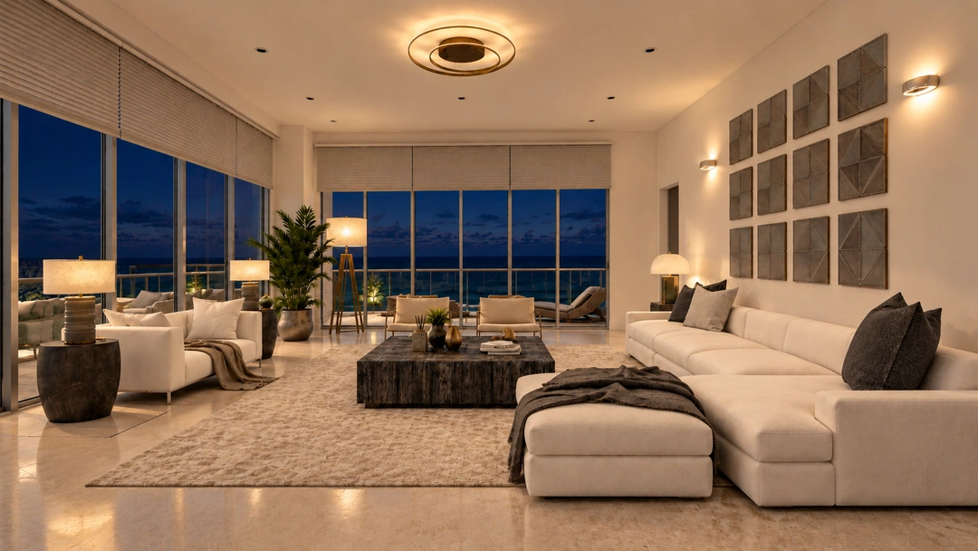 Night living room with pale sectional and dark coffee tables — Miami, FL — Real Estate, Studio Dalika; project view 9