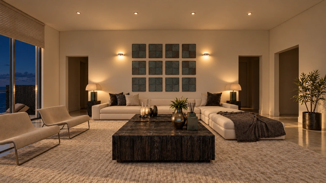 Frontal night seating area beneath a grid of framed artwork — Miami, FL — Real Estate, Studio Dalika; project view 10