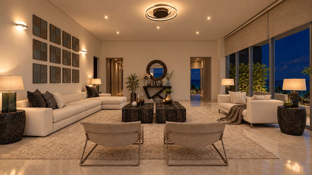 Night living room with pale chairs and circular mirror — Miami, FL — Real Estate, Studio Dalika; project view 11
