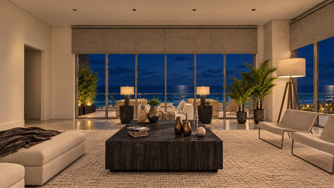 Dark coffee table beside illuminated ocean-facing glazing — Miami, FL — Real Estate, Studio Dalika; project view 12