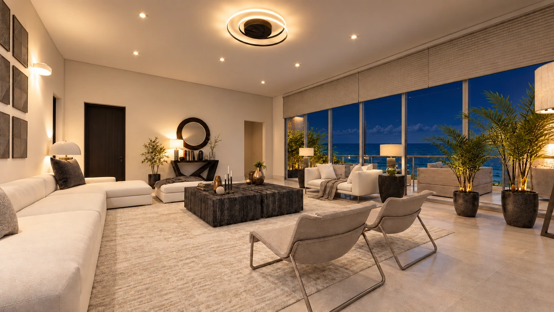 Wide night view of the living room and pale seating — Miami, FL — Real Estate, Studio Dalika; project view 13