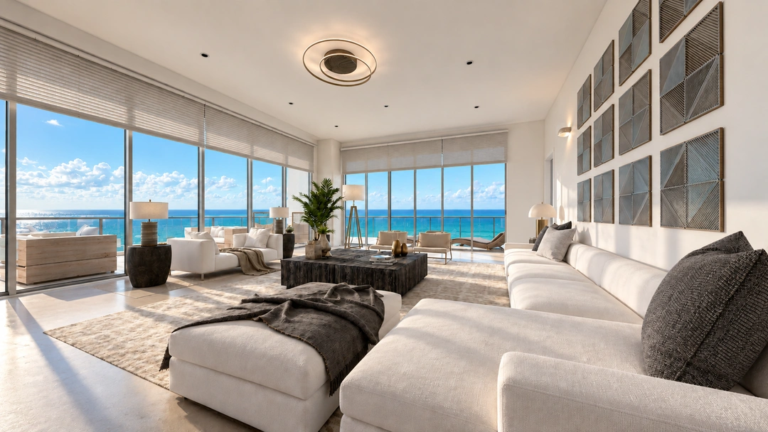 Contemporary lounge with ocean views and marble furnishings — Miami, FL — Real Estate, Studio Dalika business design