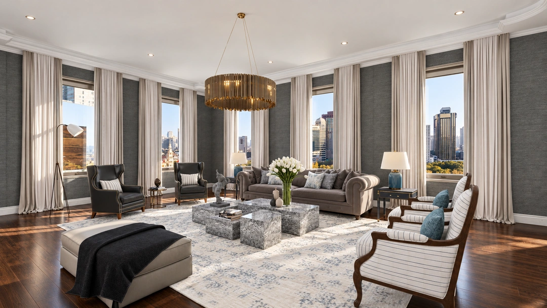 Hotel lounge with tall windows, city views and sculptural lighting — New York, NY — Luxury Hotel, Studio Dalika hospitality design