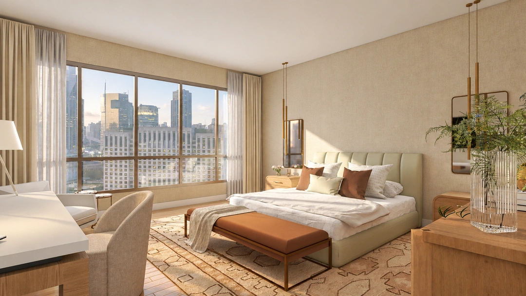 Hotel bedroom with city views and a seating area — Chicago, IL — Grand Hotel, Studio Dalika hospitality design