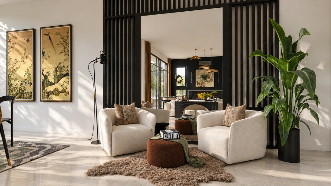 Seating area framed by dark timber screens and botanical artwork — Santa Barbara, CA, Studio Dalika residential design