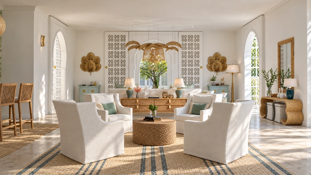 Light-filled sitting room with arched windows and woven textures — Miami, FL, Studio Dalika residential design