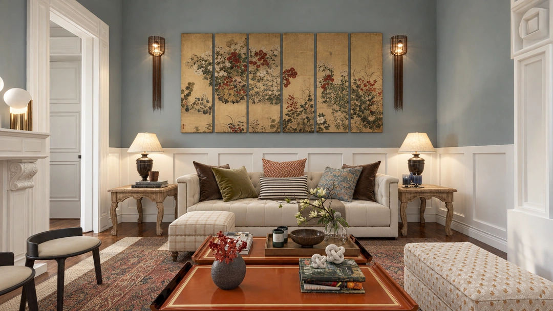 Traditional sitting room with botanical artwork and layered textiles — Savannah, GA, Studio Dalika residential design