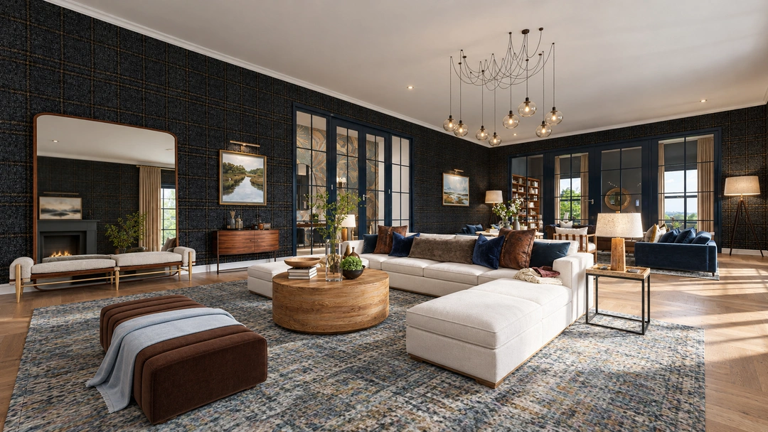 Living room with dark paneling, a chandelier and generous seating — Great Falls, VA, Studio Dalika residential design