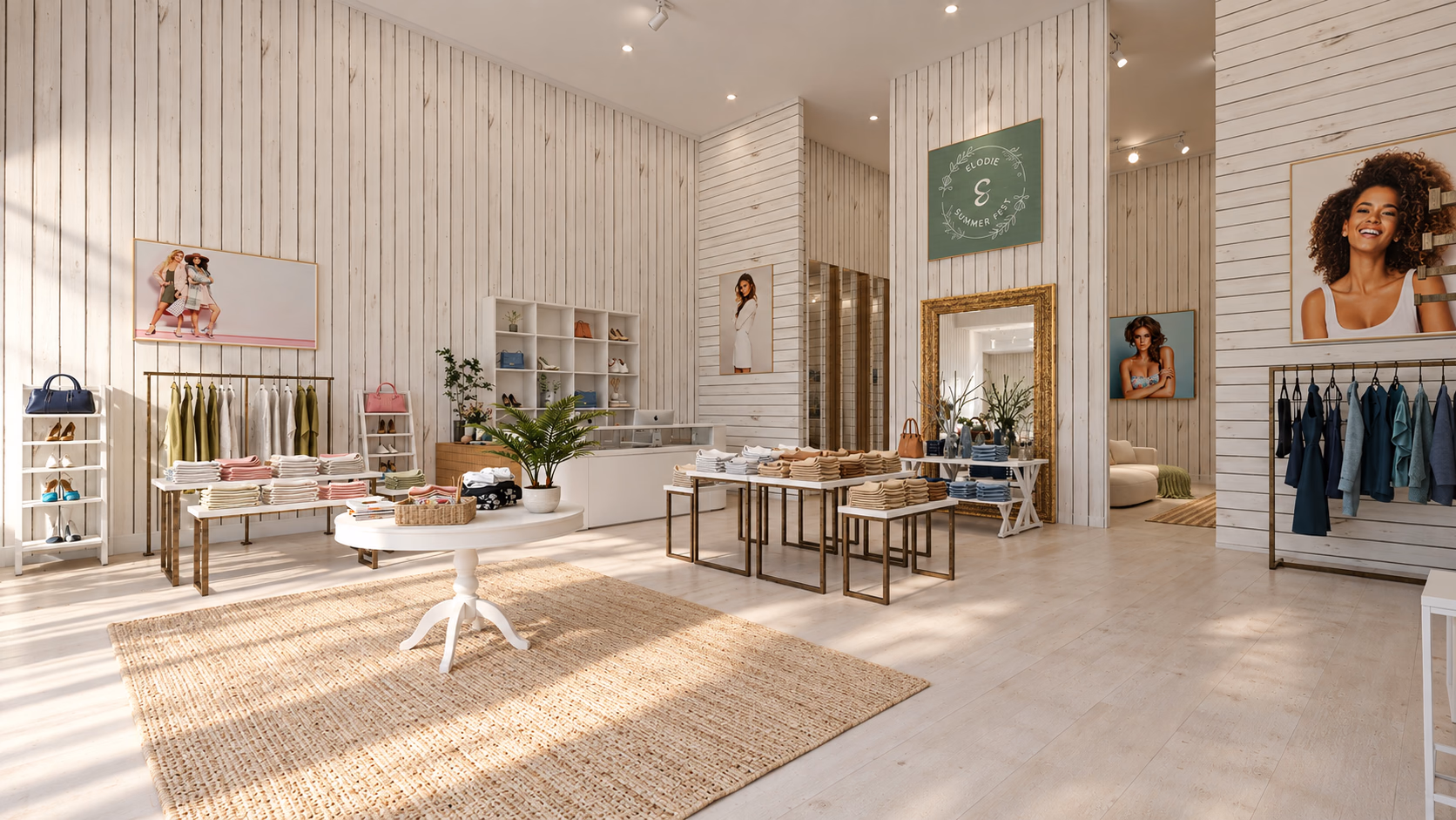 Clothing boutique with white timber walls, brass rails and natural textures