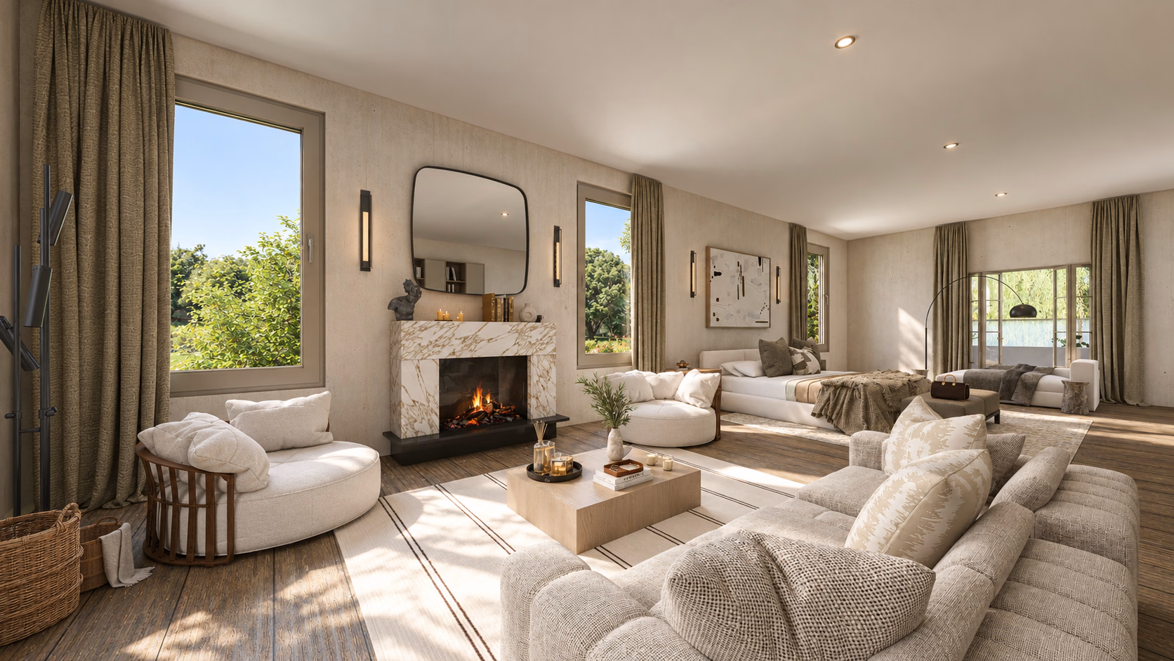 Sunlit sitting room and bedroom with pale textiles and a marble fireplace