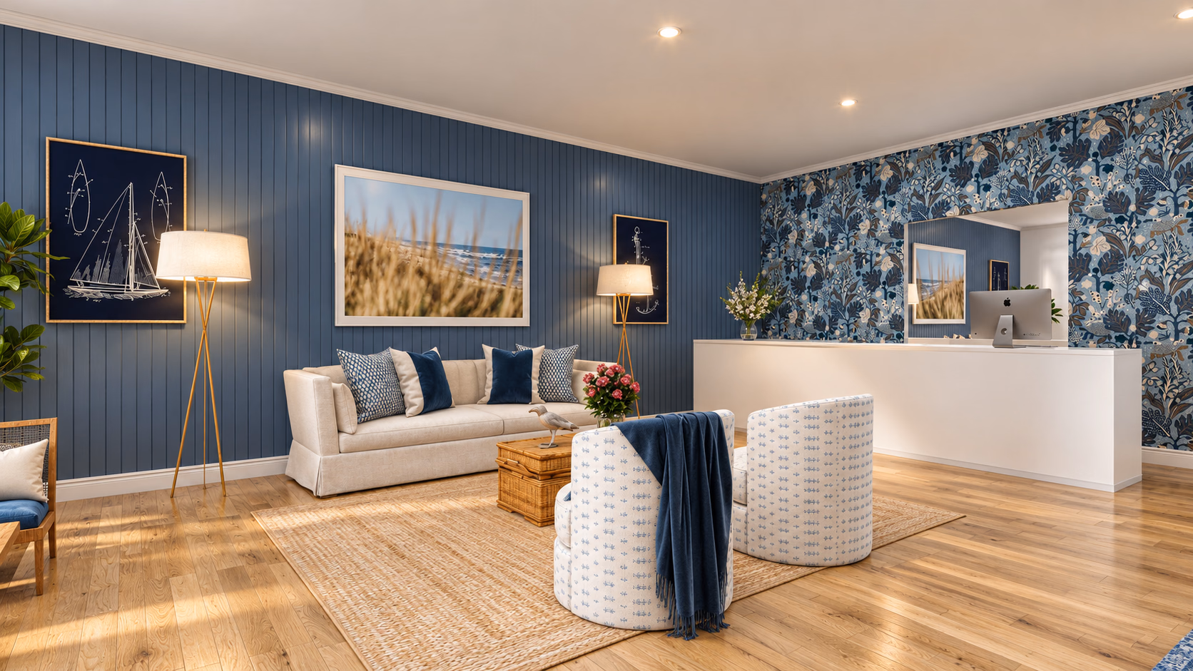 Boutique hotel reception with blue paneling and patterned wallpaper