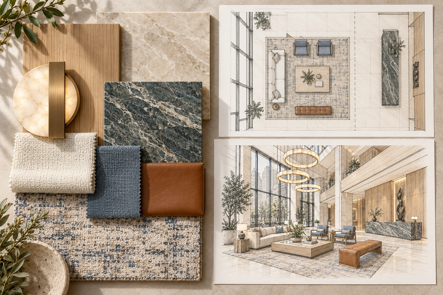 Concept materials board, furniture floor plan and hand-drawn perspective for the same double-height lobby: light oak, quartzite, ivory, blue-gray fabric and cognac leather