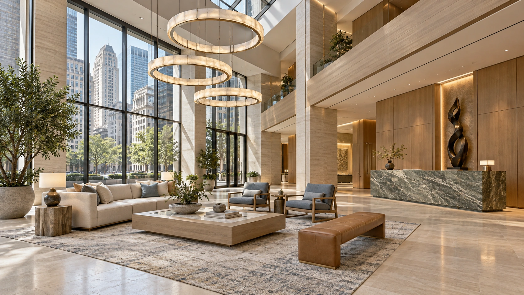 Double-height daylit lobby concept with a complete lounge, oak panels, quartzite reception desk and three ring chandeliers — Studio Dalika