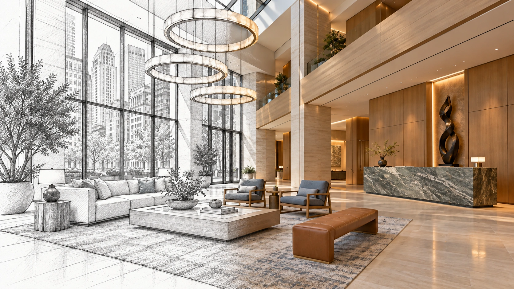 The same double-height oak and quartzite lobby transitioning from a hand-drawn sketch to a rendered interior