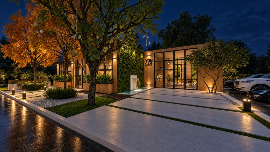 Illuminated yoga studio entrance with planted walls at night — California — Yoga Studio, Studio Dalika